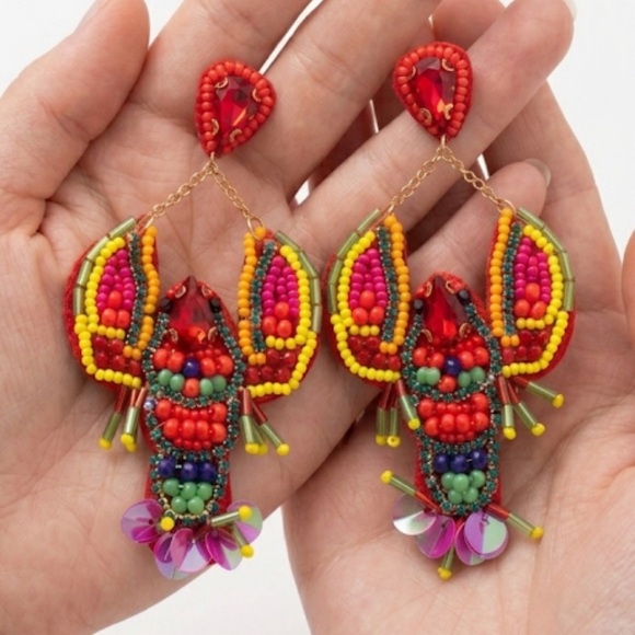 NWT Lobster Beaded Statement Earrings | Sequin & Rhinestone Dangle - Picture 4 of 6